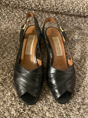 Black Leather Peep-Toe Slingback Heels Made in Italy